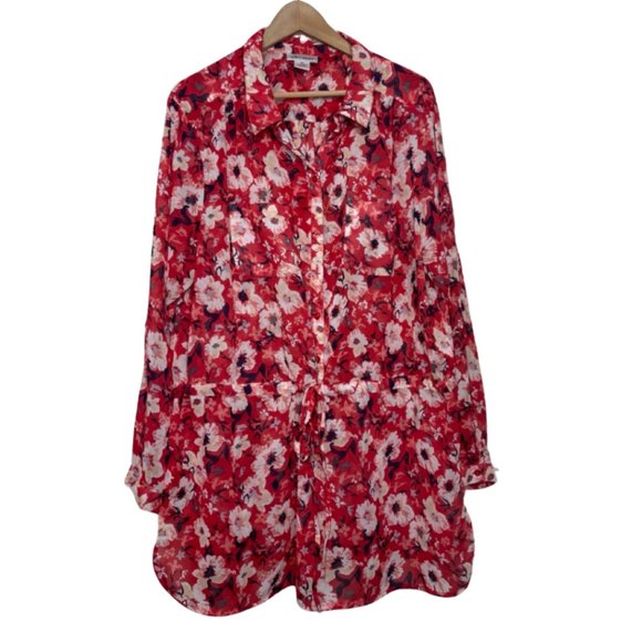 CW CLASSICS | Lightweight Pink & Red Floral Drop Waist Button Up Tunic | Size 2X - Picture 1 of 11